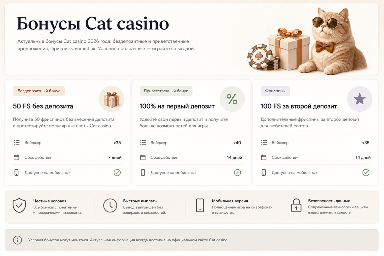 Карточки бонусов Cat-casino в редакционном стиле: условия, сроки и отметки по мобильной версии